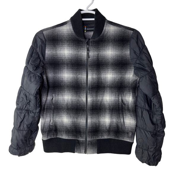 Smartwool Women's Medium Ibera Bomber Jacket Plaid Black White Wool Full Zip EUC - Picture 1 of 6
